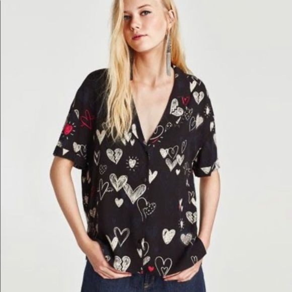 Zara Black Heart Print Button Down Boxy Top Short Sleeve Shirt - Small - Picture 1 of 7